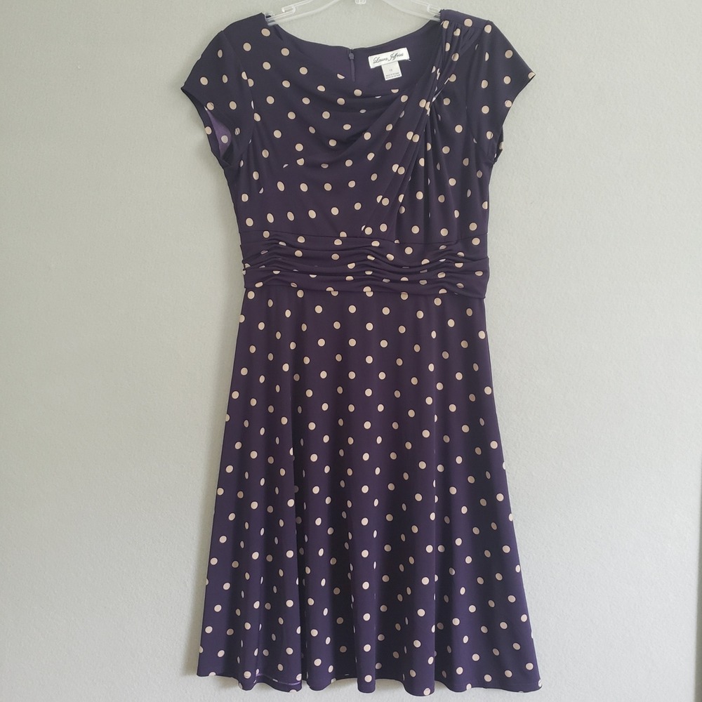 Laura Jeffries 12 Fit Flare Dress Purple Polka Dot Ruched Pinup Retro Stretch